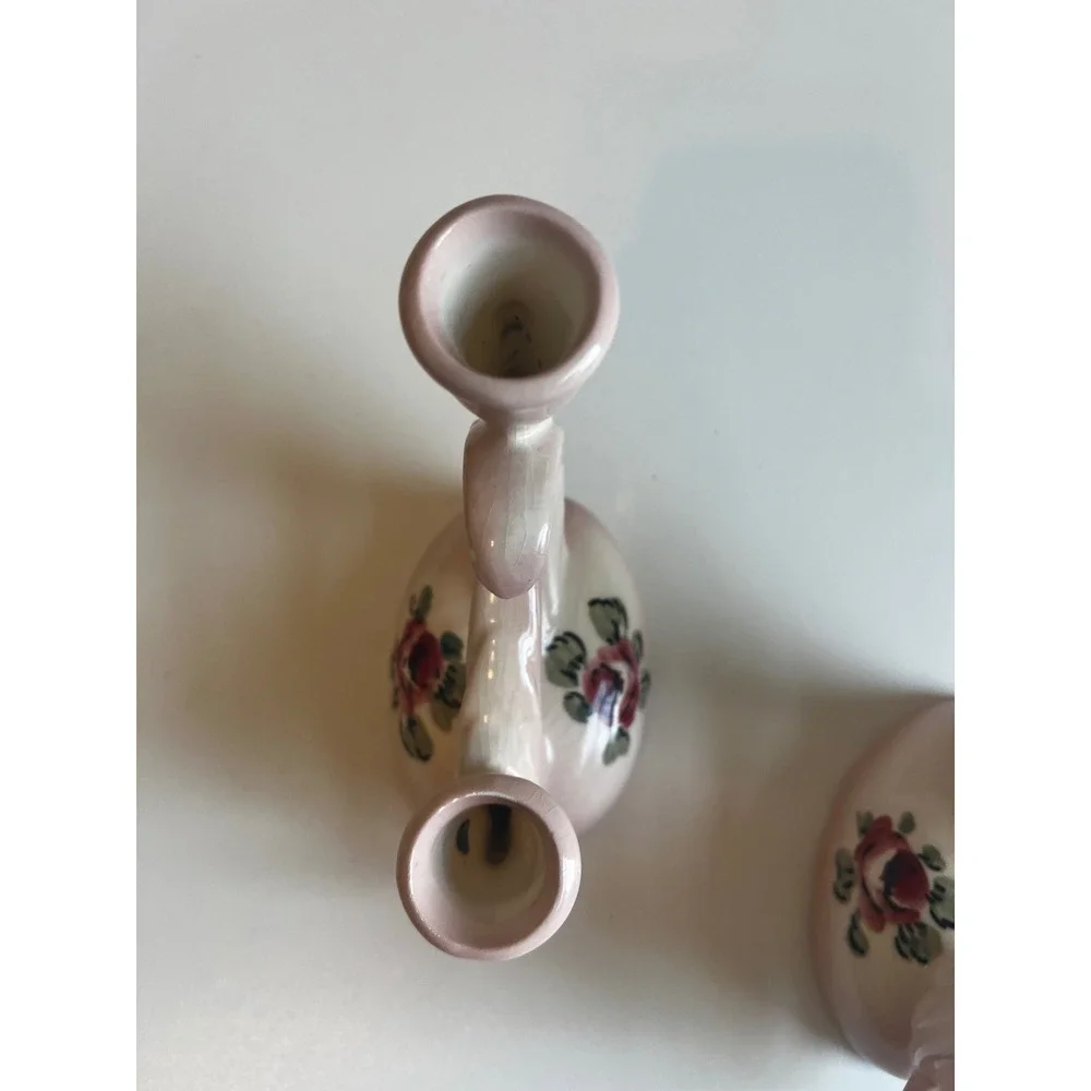 Vintage Camark Ceramic Double Candle Holders Pink Floral Rose  Pair‎